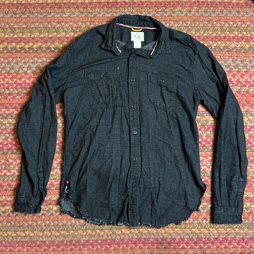KOTO BLACK FRINGE HEM BUTTON UP LONG SLEEVE COLLARED SHIRT